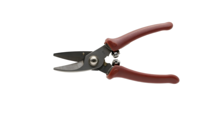 A pair of red handled scissors on a transparent background, ideal for spring gardening tasks