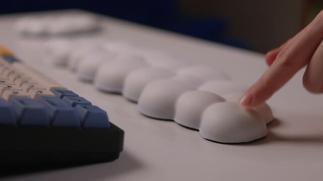 Keyboard setup showcase, Ergonomic mechanical keyboard display, Closeup of tactile switches on custom keyboard, Designer testing pastel keycaps with ergonomic wrist cushion setup