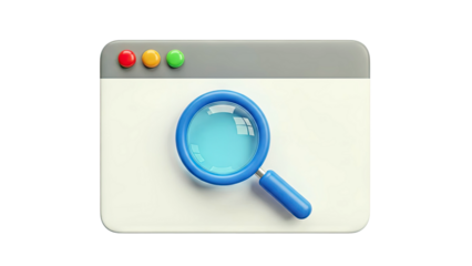 3D Browser Window with Magnifying Glass Icon