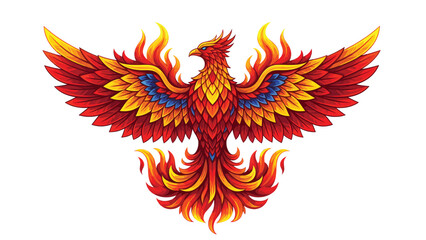 Obraz premium Vibrant Fiery Phoenix Bird Illustration with Spread Wings and Flame Details