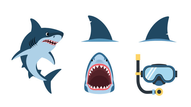 Cartoon Shark and Diving Gear Vector Set. Includes full shark, fins, open mouth, and snorkeling mask for marine themes.