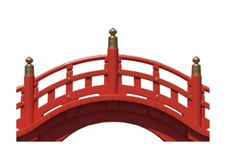 Red wooden bridge illustration with arched design isolated on transparent background