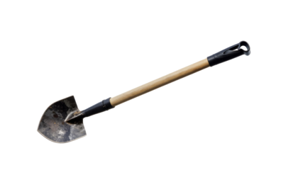 A gardening shovel resting against a transparent background, symbolizing spring gardening activities