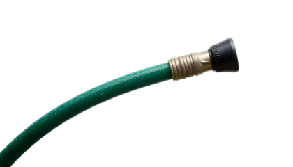 A coiled green hose featuring a brass fitting, ideal for spring gardening activities