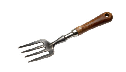 Naklejka premium A transparent background highlights a fork with a wooden handle, perfect for spring gardening tasks