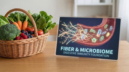 A vibrant collection of fresh, colorful vegetables artfully displayed, next to a detailed digital illustration, suggesting the strong correlation between dietary fiber, gut health.
