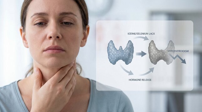 An illustrated view of thyroid health, with a woman. Displaying the importance of understanding the thyroid gland for overall health and well-being.