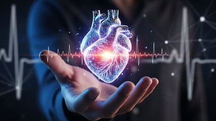 Innovative medical technology featuring a glowing heart held in a human hand, with a digital electrocardiogram line in the background, representing health and advanced healthcare solutions