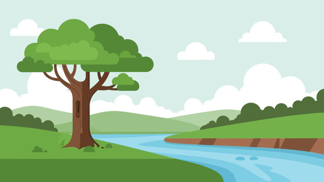 Vibrant Flat Design Landscape with River, Tree, and Rolling Hills