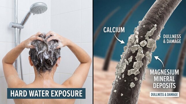 Examine the effects of hard water on hair. Featuring a woman washing hair under shower, illustration and words.