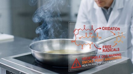 A scientist conducts a cooking experiment in a modern laboratory, focusing on the chemical processes involved in overheating oil and the potential health hazards associated with it. 