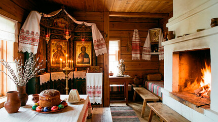 Traditional Easter interior with icons, festive food, and a warm fireplace in a rustic wooden house