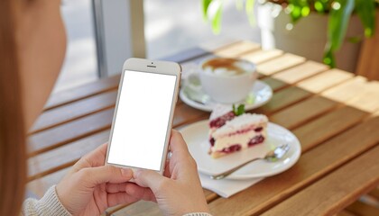 Person Holding Smartphone with White Blank Screen Mockup in Cafe Setting with Coffee Cup and Cake on Wooden Table