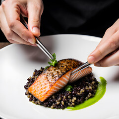 Chef Meticulously Garnishing a Gourmet Salmon Dish