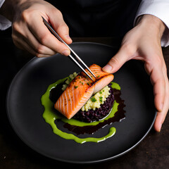 Chef Meticulously Garnishing a Gourmet Salmon Dish