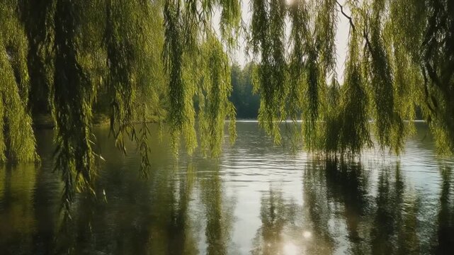 Close-up view of willow tree branches hanging over a still lake surface as sunlight filters through green leaves creating soft reflections on calm water in a serene nature scene