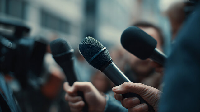 Detail of journalists holding microphones during street interview, modern reportage style