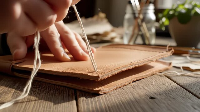 Person Stitching Handmade Leather Journal With Needle and Thread