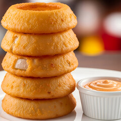 Stack of freshly baked donuts with creamy dipping sauce