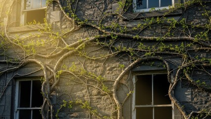 Stone facade embrace: Vines weave story onto classic architecture, a touch of serene