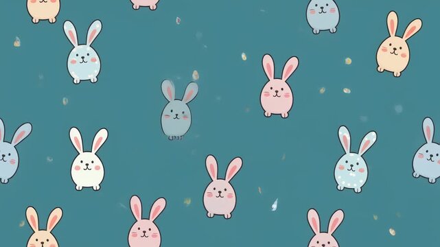 Colorful cartoon rabbits on teal background with pastel hues.