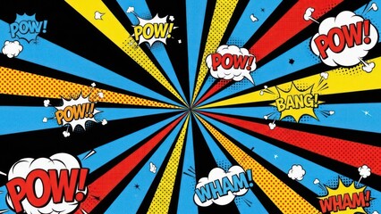 Dynamic pop art comic background with speech bubbles and burst effect radiating from the center