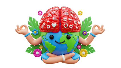 Earth character in meditation with a brain hat