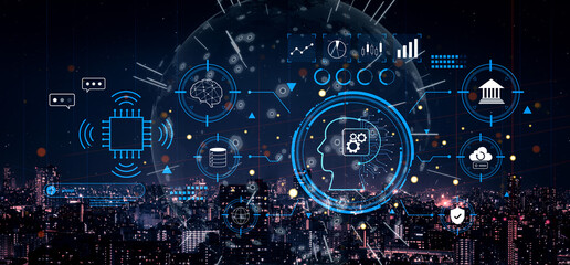 An advanced AI system for business and financial analysis. A futuristic interface for commanding an AI to process data from various domains. Motif