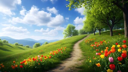 Springtime meadow scene in Zollikon, Zurich featuring vibrant greenery and wildflowers,Earth Day,  ideal for environmental education or outdoor activities, wallpaper 