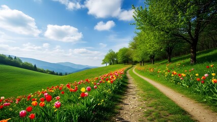 Springtime meadow scene in Zollikon, Zurich featuring vibrant greenery and wildflowers,Earth Day,  ideal for environmental education or outdoor activities, wallpaper 