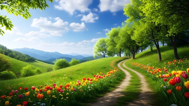 Springtime meadow scene in Zollikon, Zurich featuring vibrant greenery and wildflowers,Earth Day,  ideal for environmental education or outdoor activities, wallpaper 