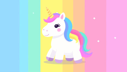 Cute Unicorn Cartoon Illustration on Rainbow Background
