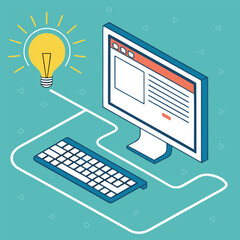 computer setup with keyboard connected to light bulb symbolizing digital creativity and innovation