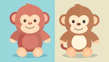 Two Cute Cartoon Monkeys Sitting Side-by-Side