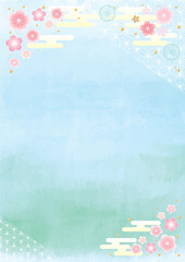 Japanese Plum Blossom Background with Blue Green Watercolor Gradient