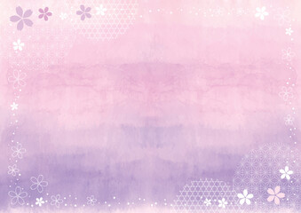 Pink to purple watercolor texture background decorated with cherry blossoms and Japanese patterns
