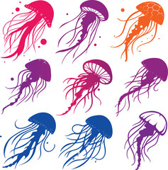 colorful jellyfish arranged in grid with flowing tentacles and decorative marine design