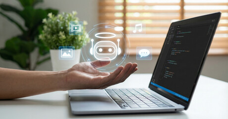 Multimodal AI chatbot tool, AI agent automation software, Developer coding with hologram, Generative AI technology tool