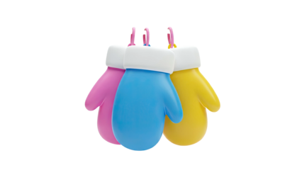 Three colorful mittens hanging on hooks