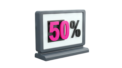 3D 50% discount sign with pink and black numbers