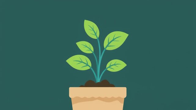 A small green plant with several leaves growing in a terracotta pot against a dark teal background, depicted in a flat illustration style.