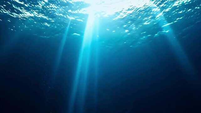 Deep blue sea surface seen from below with sunlight beams and bubbles. Calm marine background.