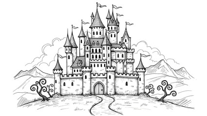 Naklejka premium castle drawing sketch on white background