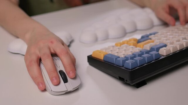 Keyboard setup showcase, Ergonomic mechanical keyboard display, Closeup of tactile switches on custom keyboard, Designer testing pastel keycaps with ergonomic wrist cushion setup