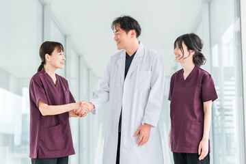 Medical workers in scrubs, medical staff, female nurses and male doctors in white coats