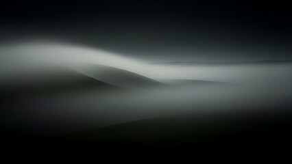 Dark, abstract landscape with ethereal light peeking through low-lying mist and fog layers