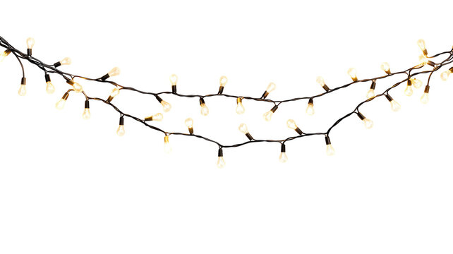 Glowing string lights on transparent background wide panoramic view