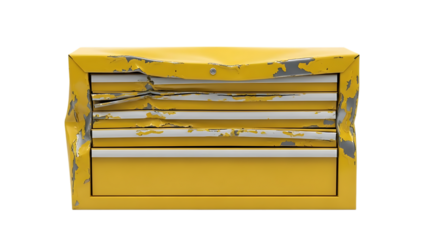 Yellow metal toolbox with peeling paint and four drawers isolated on a transparent background