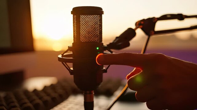 A hand is pressing a button on a microphone, while sunlight streams in the background. The microphone is positioned near a keyboard, suggesting a recording setup.