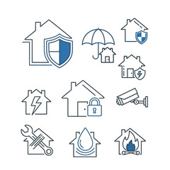 Home Security and Insurance Icons. Property Protection Vector Set featuring CCTV, Shield, Padlock, Fire, Water Damage, Repair Service, and Alarm System Outline Symbols.